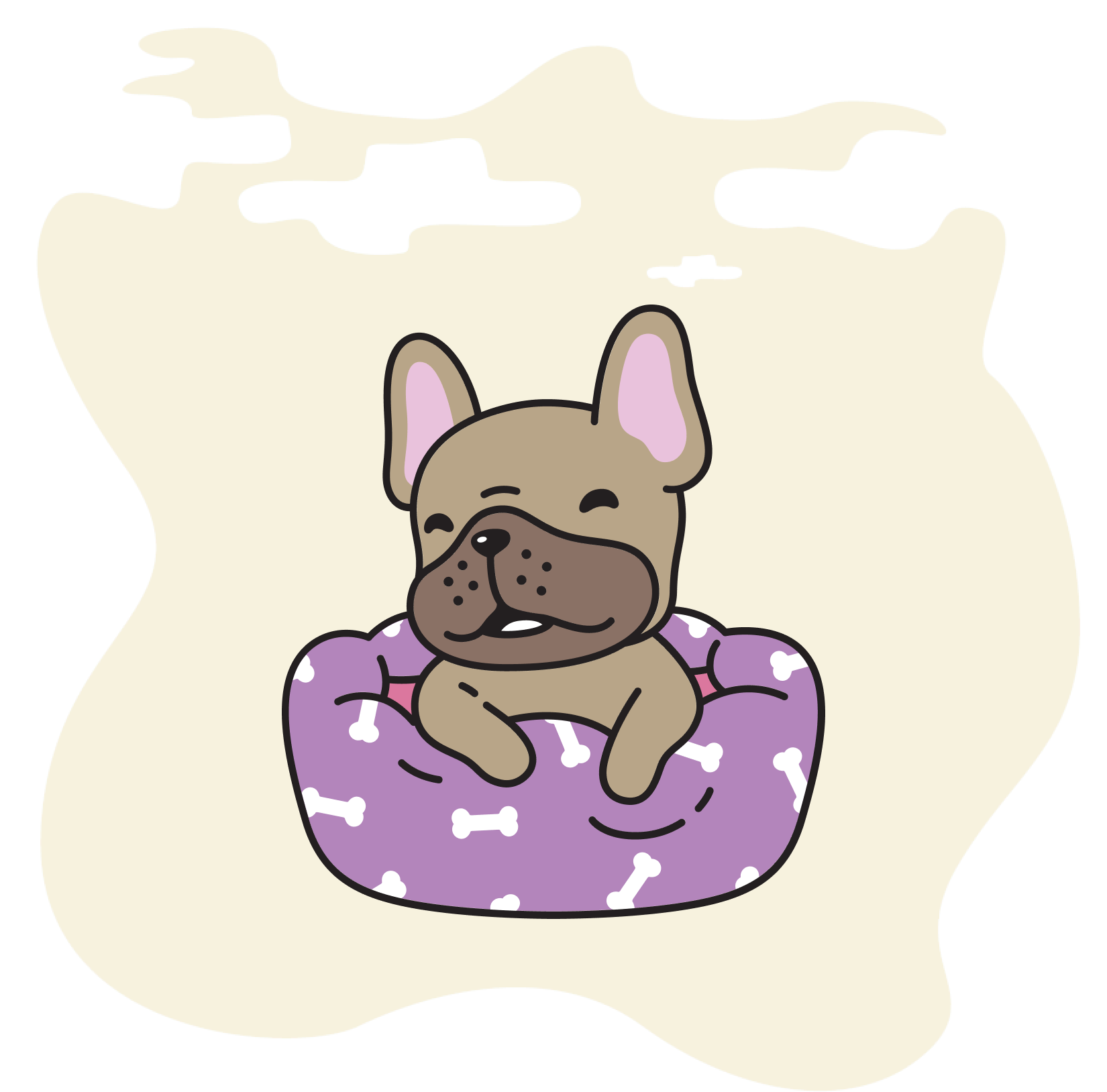 A cartoon puppy sitting in a dog bed.