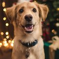 A juvenile golden retriever dog sitting in front of a decorated christmas tree.
